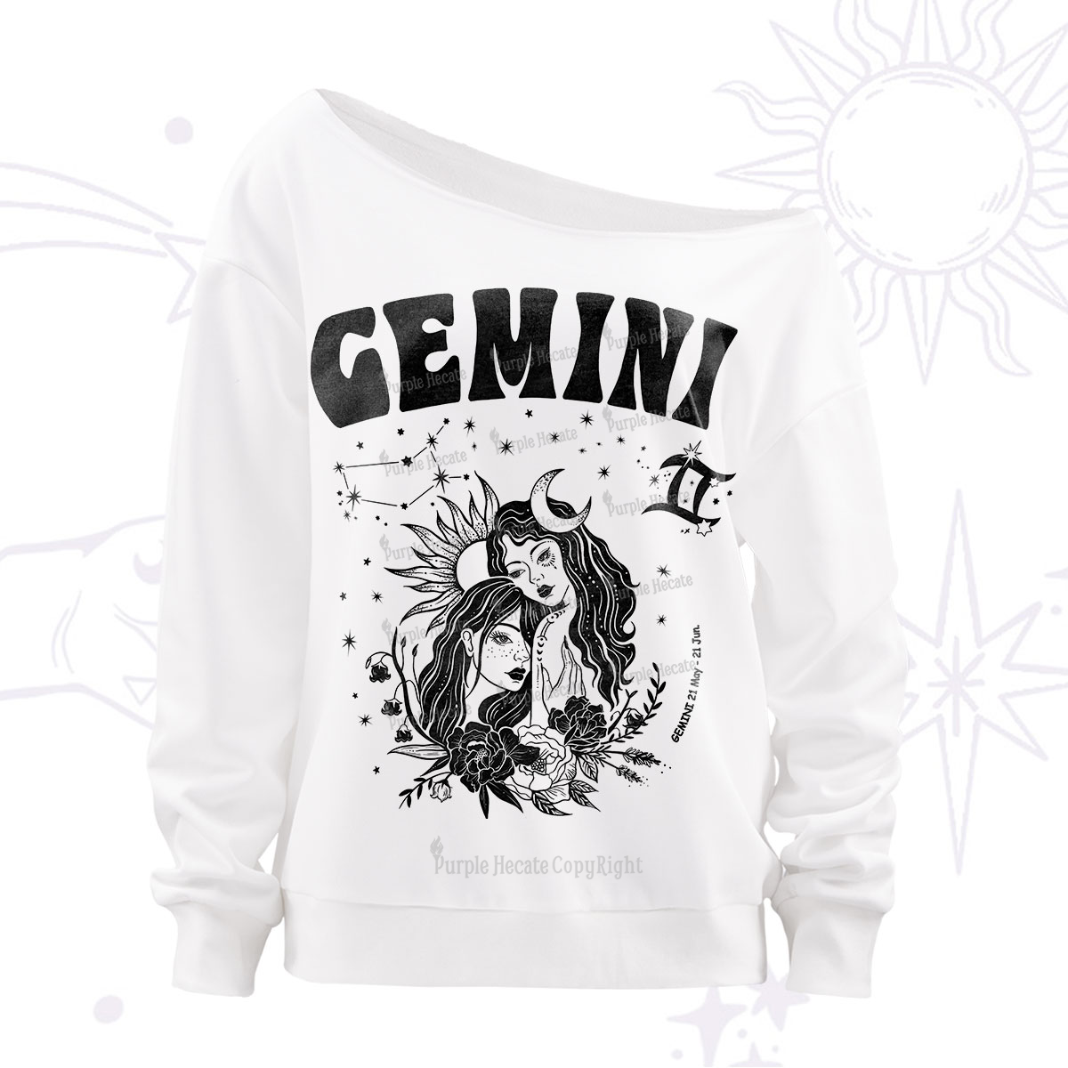 Purplehecate Gemini Zodiac Glyphs Off The Shoulder Sweatshirt