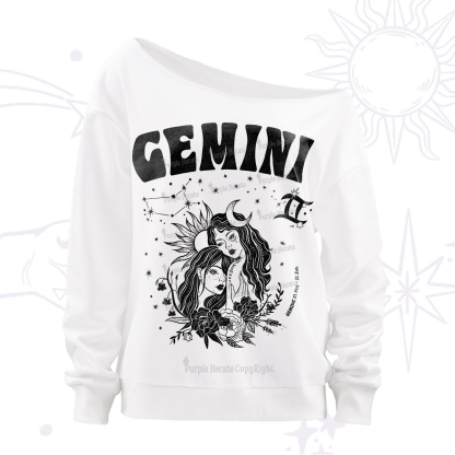 Purplehecate Gemini Zodiac Glyphs Off The Shoulder Sweatshirt