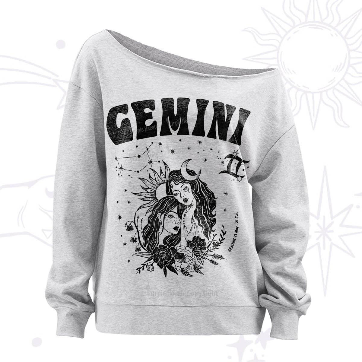 Purplehecate Gemini Zodiac Glyphs Off The Shoulder Sweatshirt