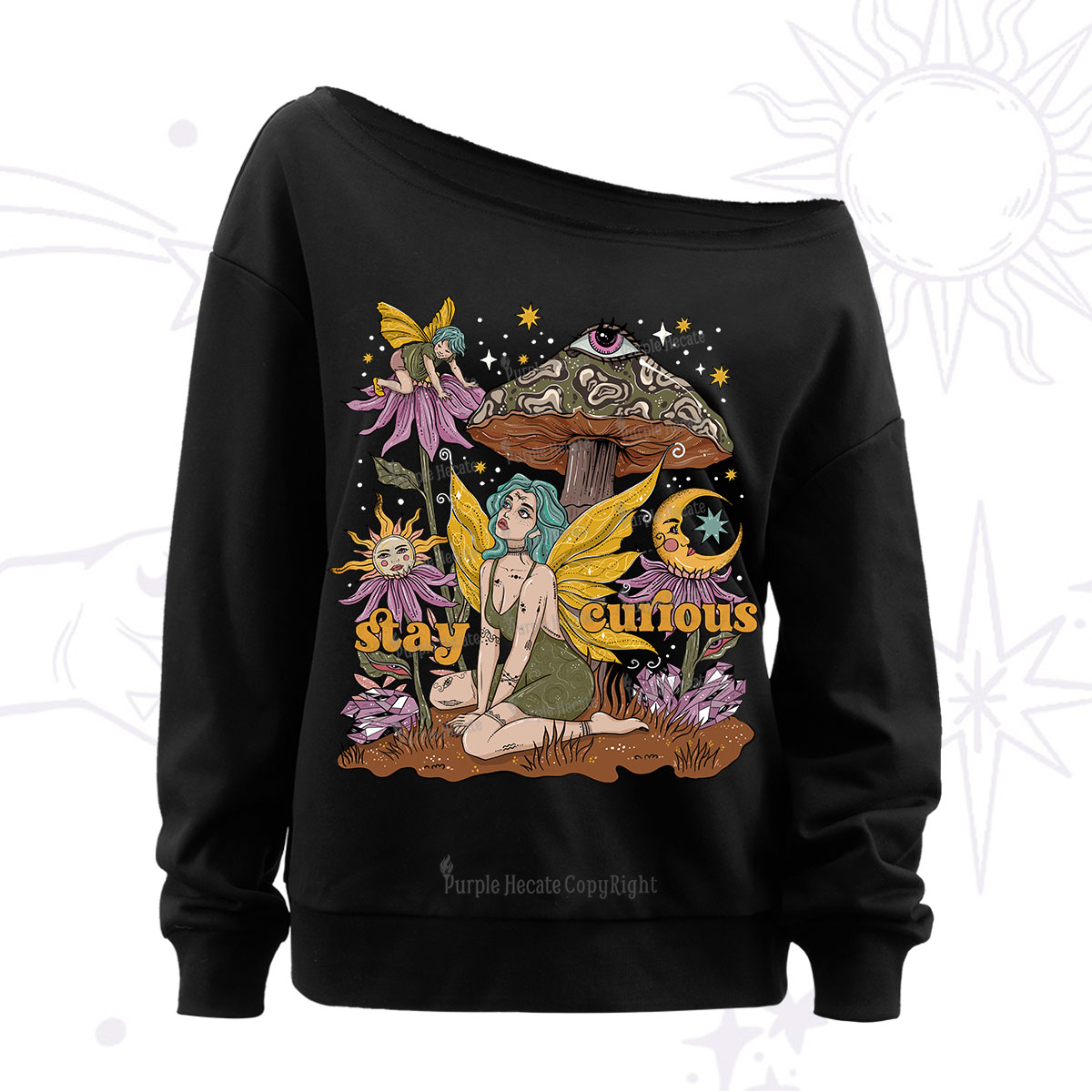 Purplehecate Stay Curious Off The Shoulder Sweatshirt