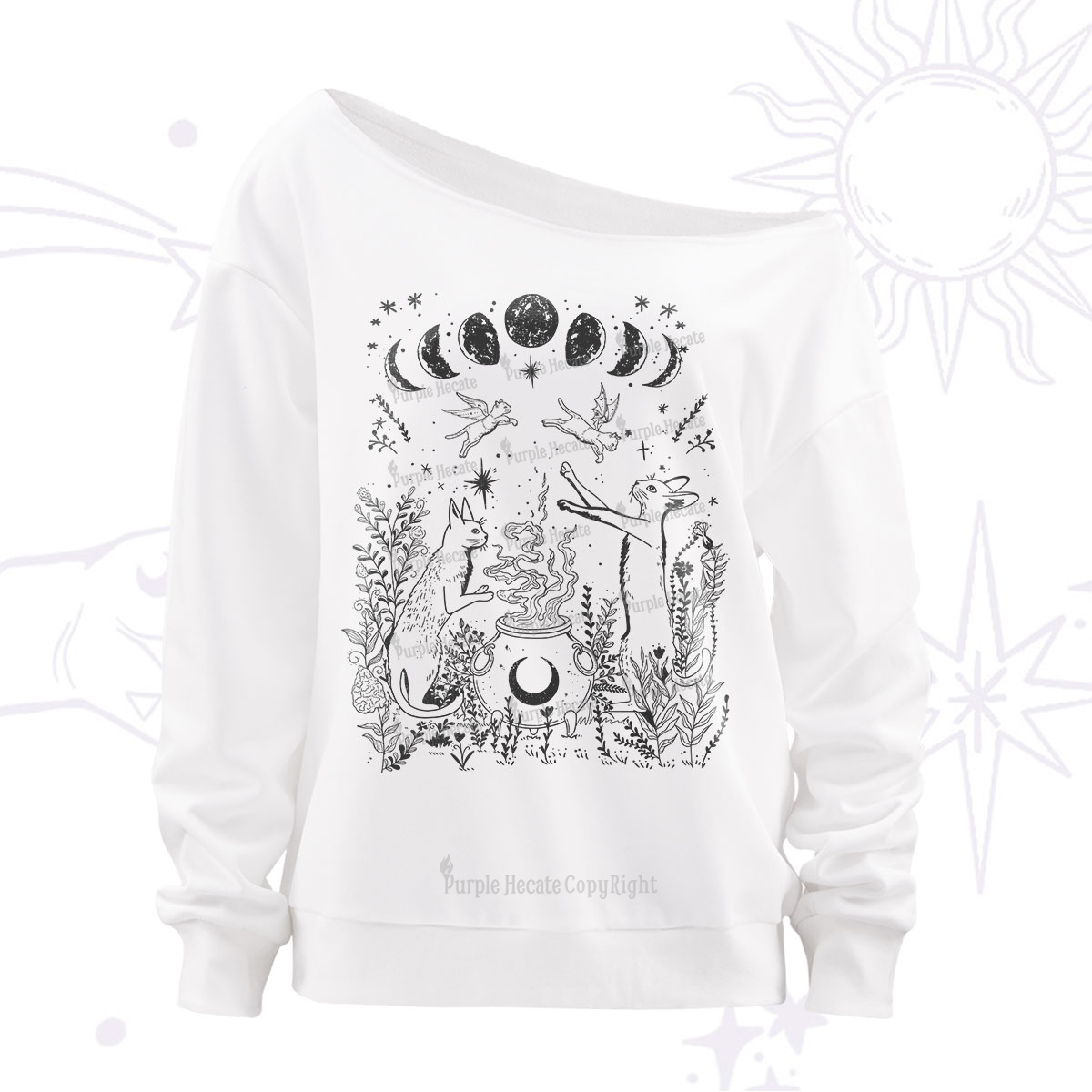 Purplehecate Celestial Cat Off The Shoulder Sweatshirt