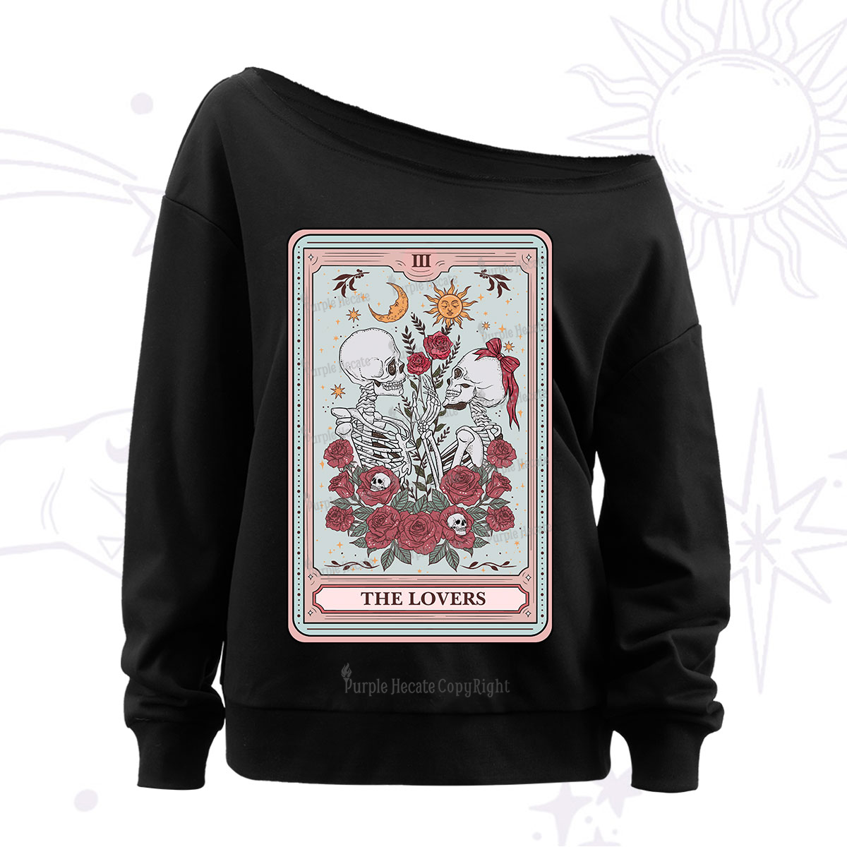 Purplehecate The Lovers Skeleton Tarot Off The Shoulder Sweatshirt