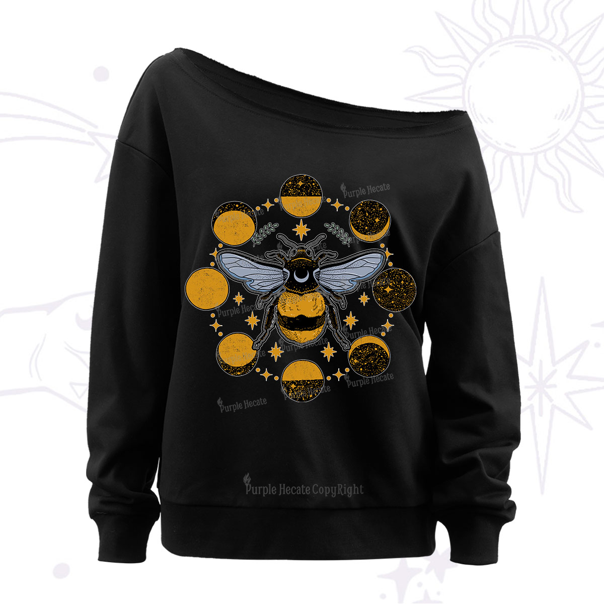 Purplehecate Phases of the Moon Bee Off The Shoulder Sweatshirt