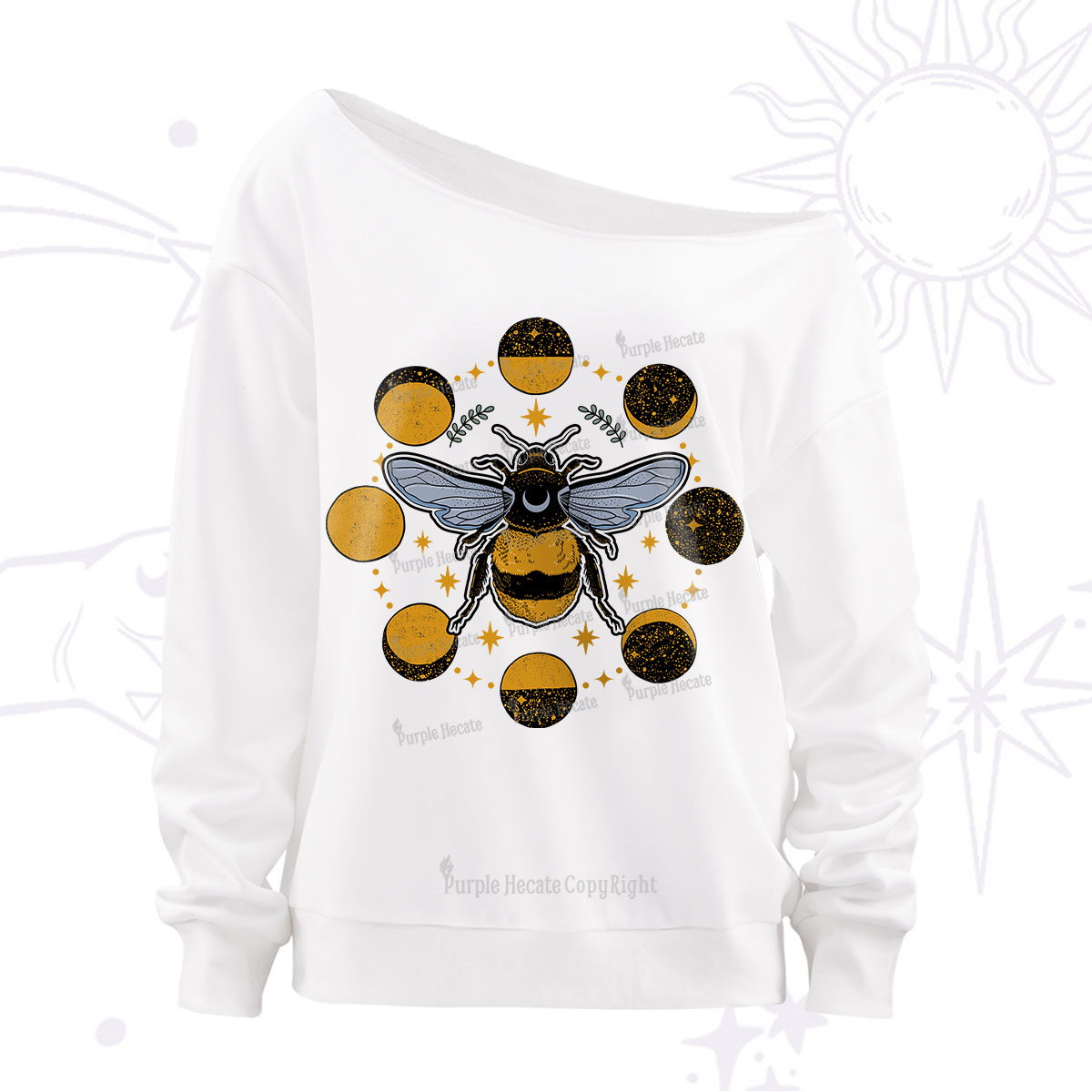 Purplehecate Phases of the Moon Bee Off The Shoulder Sweatshirt
