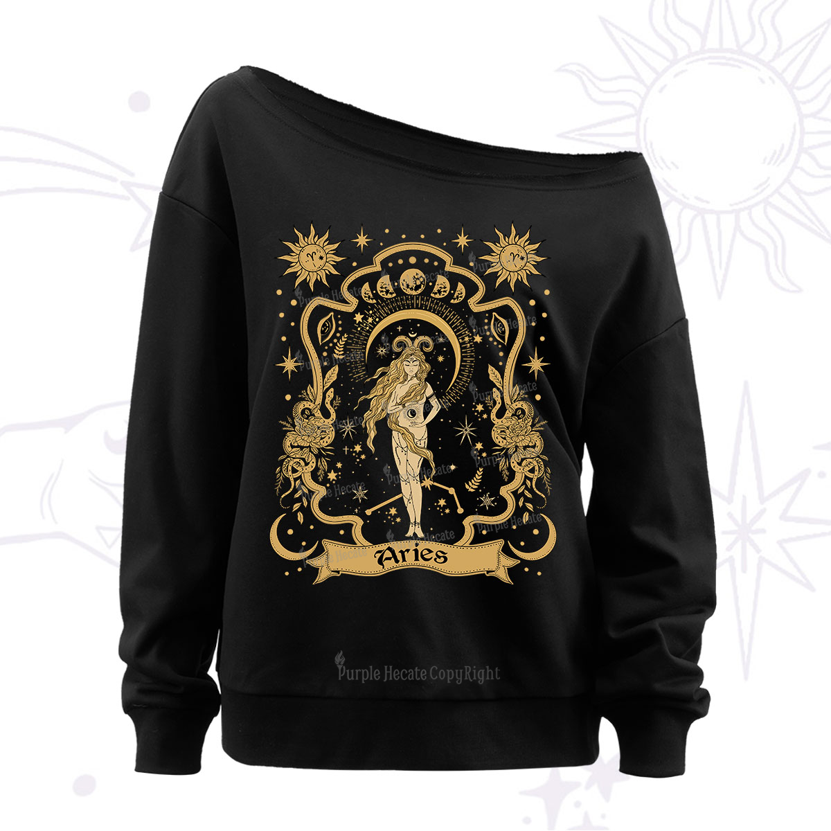 Purplehecate Aries' Astral Mirage Zodiac Off The Shoulder Sweatshirt