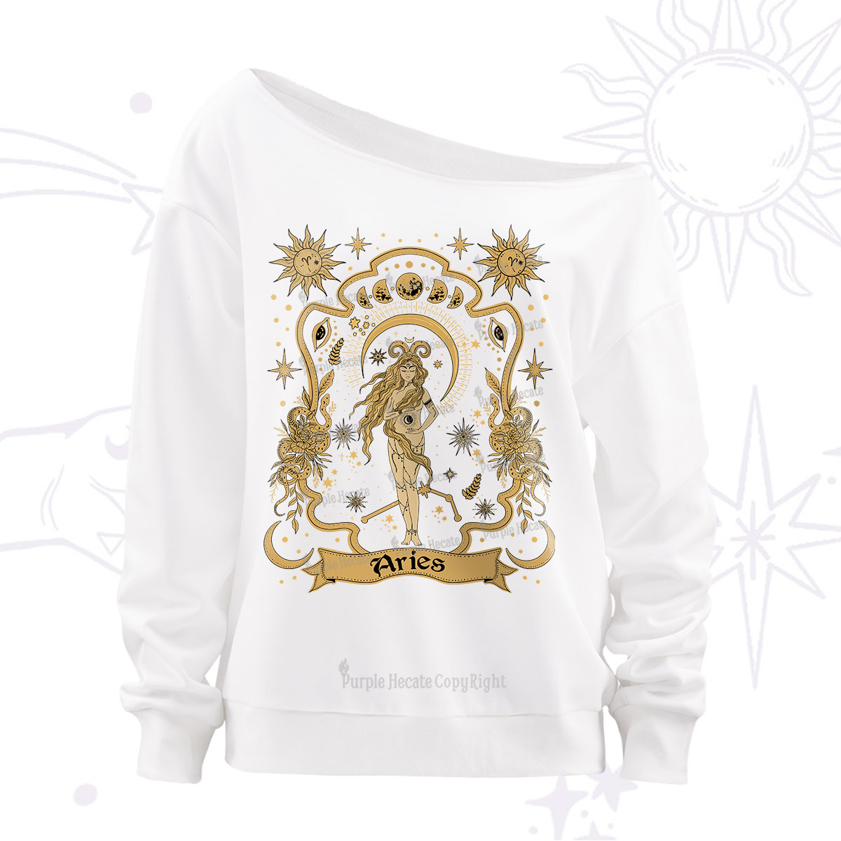 Purplehecate Aries' Astral Mirage Zodiac Off The Shoulder Sweatshirt