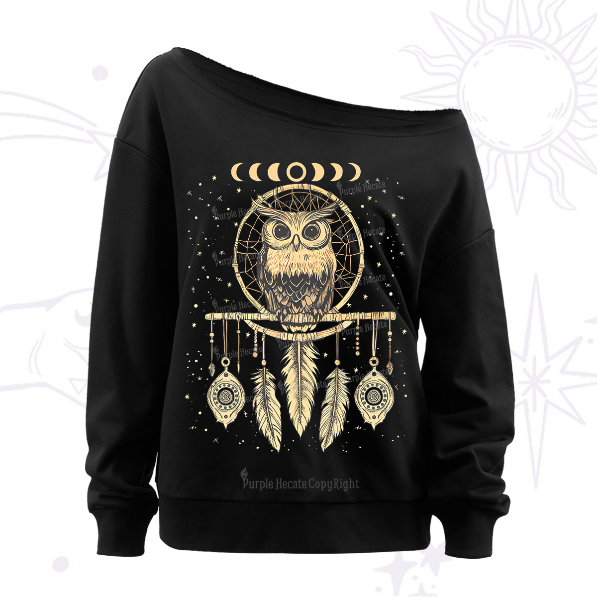 Purplehecate Luna Owl Dream Catcher Off The Shoulder Sweatshirt