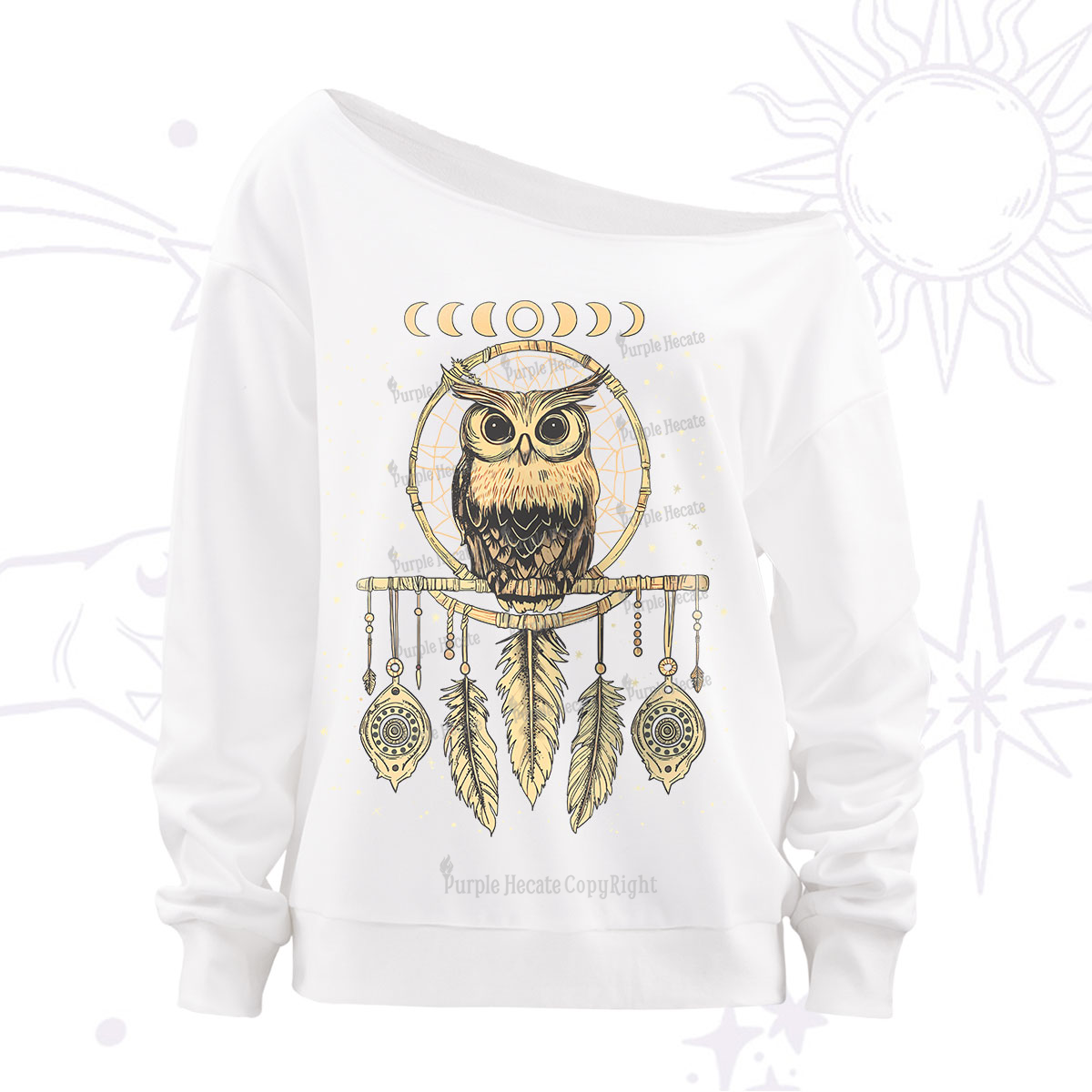 Purplehecate Luna Owl Dream Catcher Off The Shoulder Sweatshirt