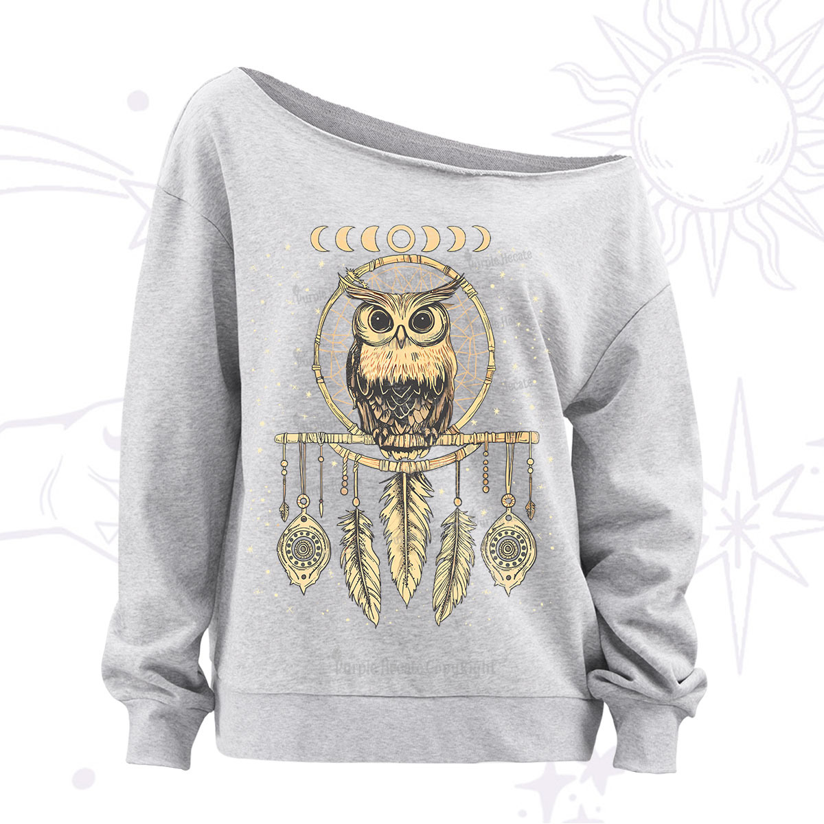 Purplehecate Luna Owl Dream Catcher Off The Shoulder Sweatshirt