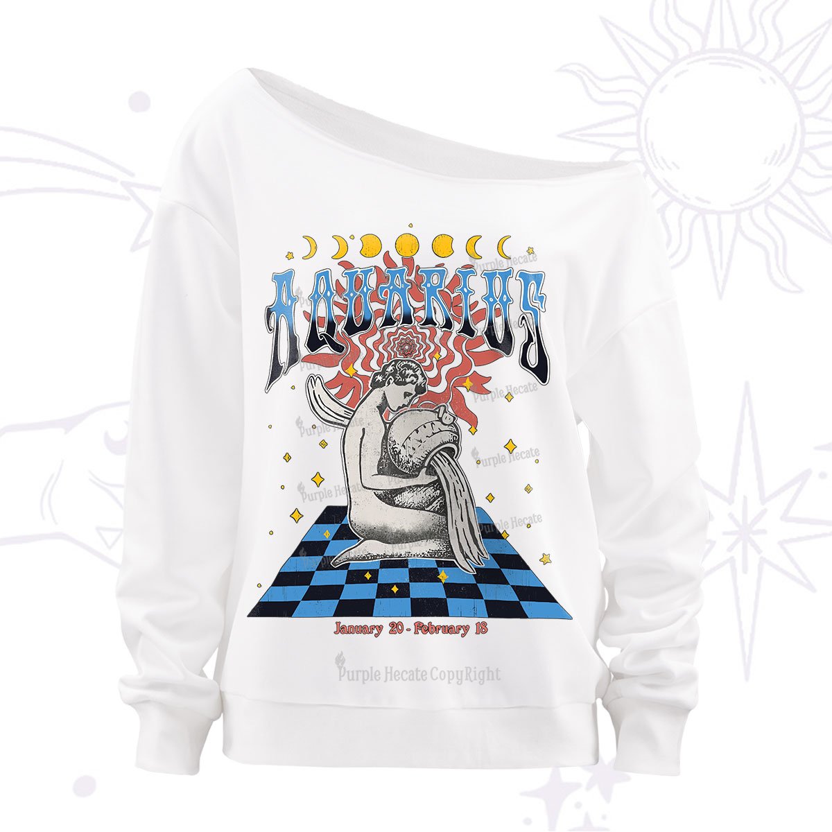 Purplehecate Aquarius Crew Zodiac Off The Shoulder Sweatshirt