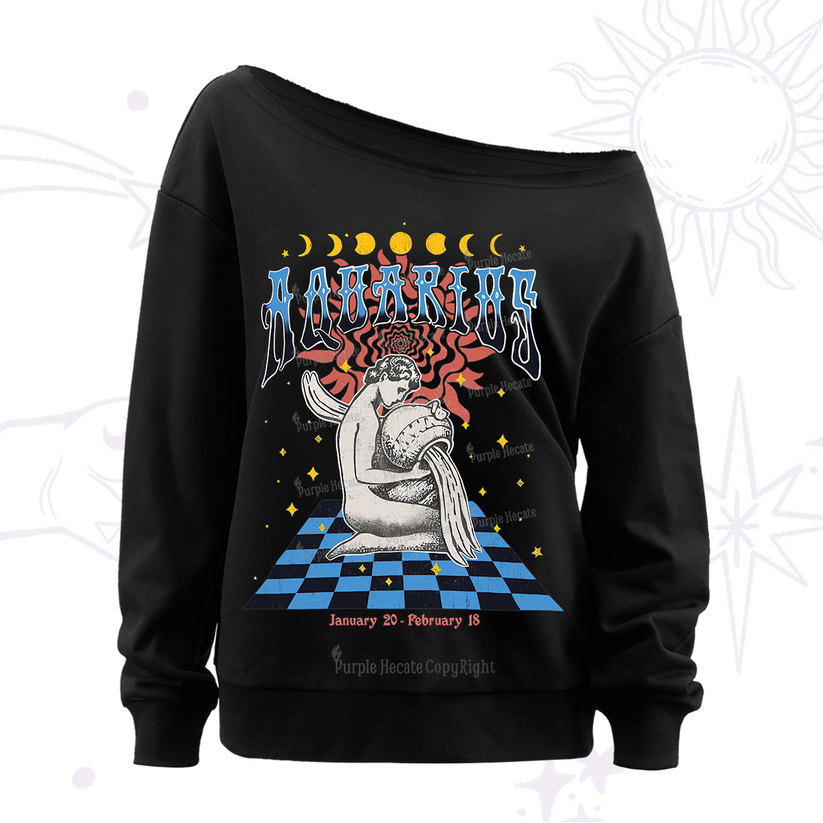 Purplehecate Aquarius Crew Zodiac Off The Shoulder Sweatshirt