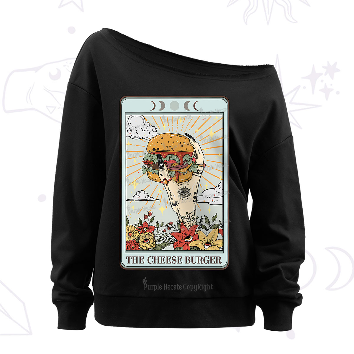 Purplehecate The Cheese Burger Tarot Off The Shoulder Sweatshirt