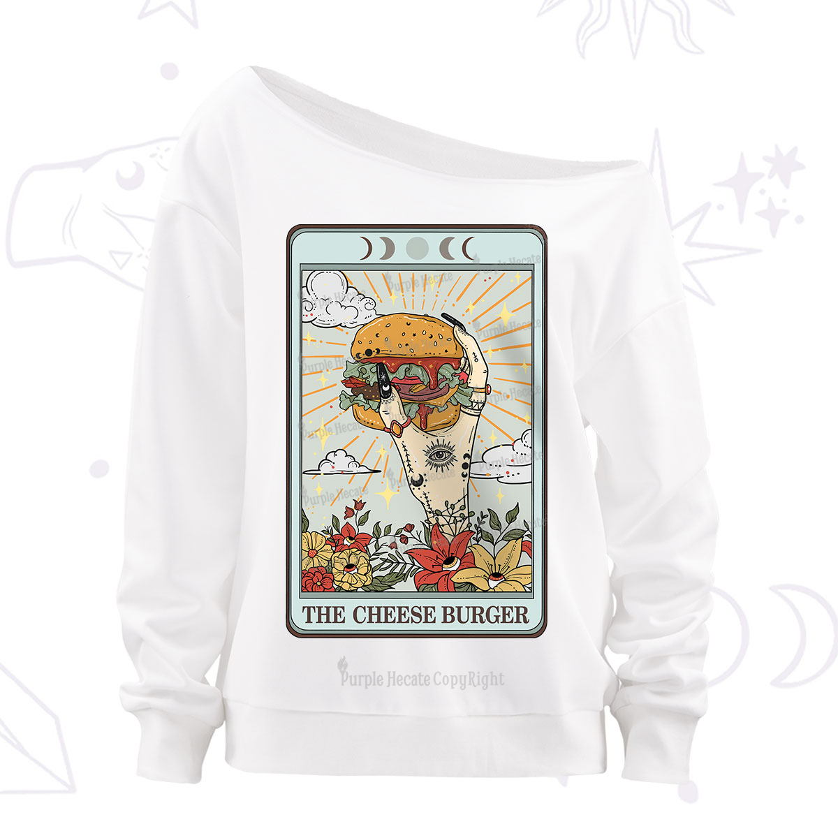Purplehecate The Cheese Burger Tarot Off The Shoulder Sweatshirt