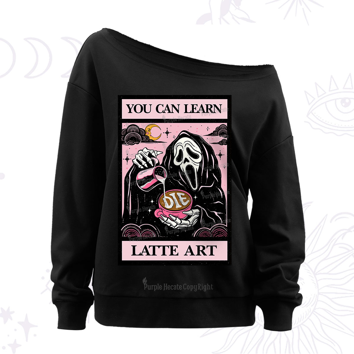 Purplehecate The You Can Learn Latte Art Oracle Card Off The Shoulder Sweatshirt