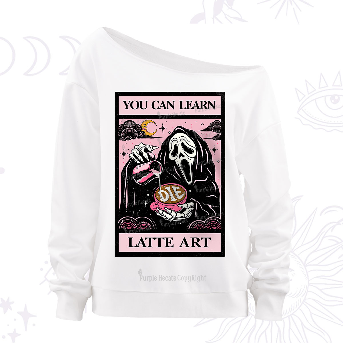 Purplehecate The You Can Learn Latte Art Oracle Card Off The Shoulder Sweatshirt