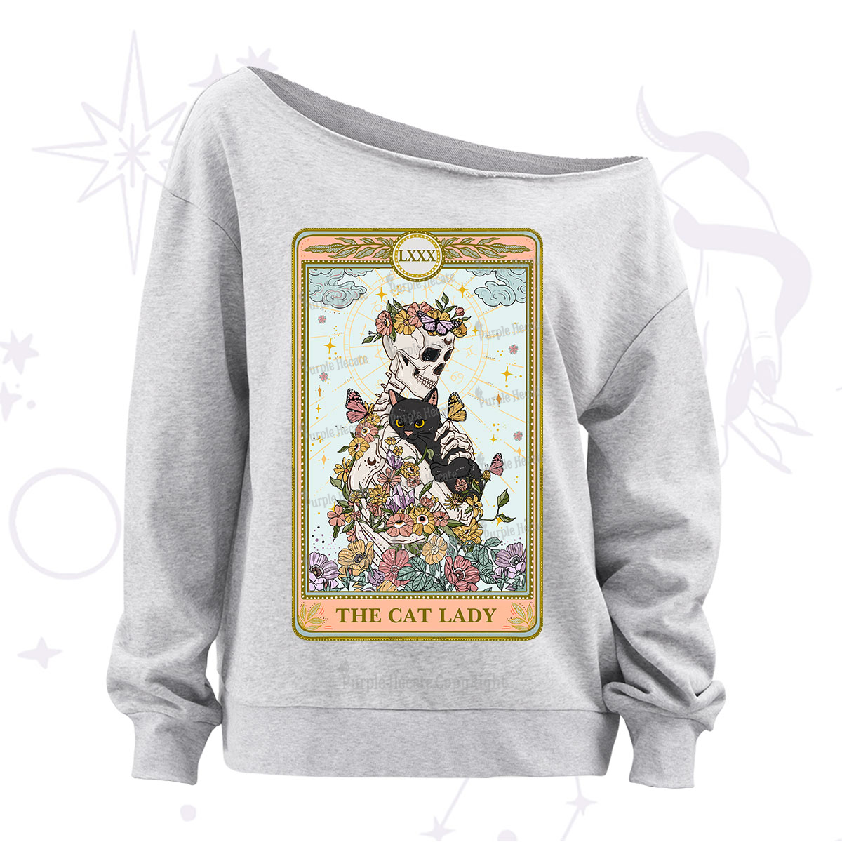 Purplehecate The Cat Lady Skeleton Tarot Off The Shoulder Sweatshirt