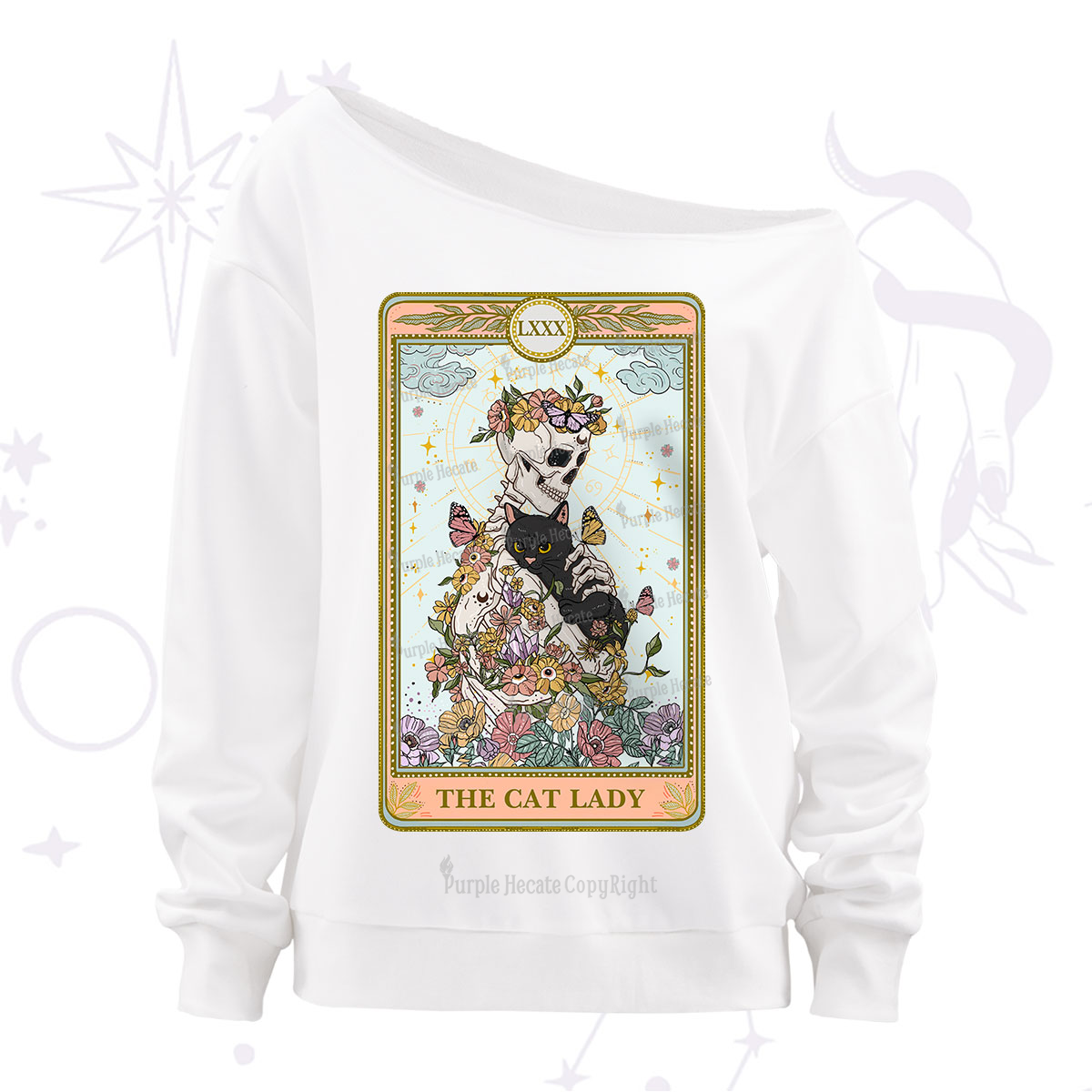Purplehecate The Cat Lady Skeleton Tarot Off The Shoulder Sweatshirt
