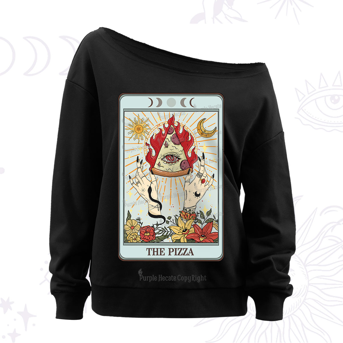 Purplehecate The Pizze Food Tarot Card Off The Shoulder Sweatshirt