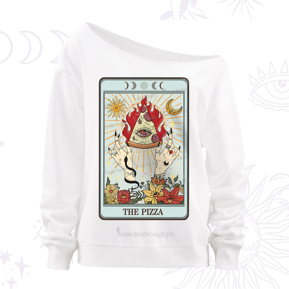 Purplehecate The Pizze Food Tarot Card Off The Shoulder Sweatshirt
