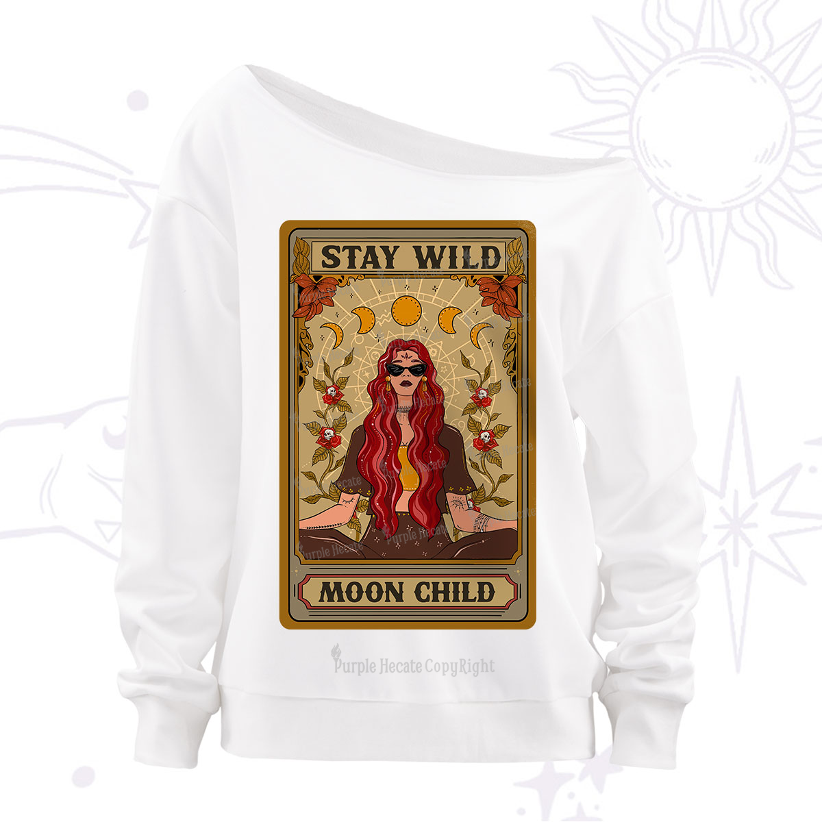 Purplehecate The Stay Wild Moon Child Oracle Card Off The Shoulder Sweatshirt