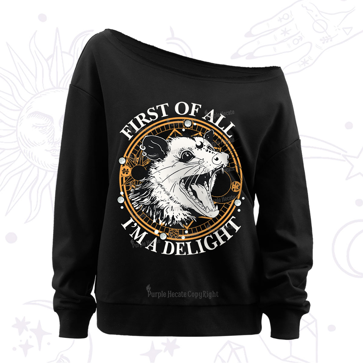 Purplehecate First Of All I Am A Delightful Angry Opossum Off The Shoulder Sweatshirt