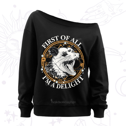 Purplehecate First Of All I Am A Delightful Angry Opossum Off The Shoulder Sweatshirt