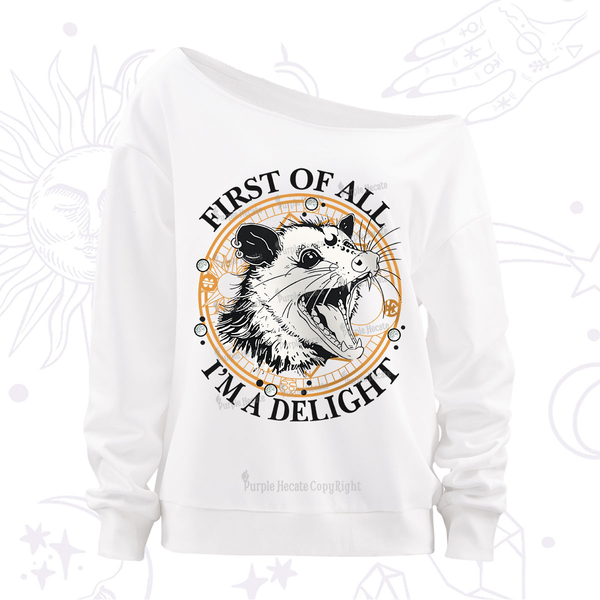 Purplehecate First Of All I Am A Delightful Angry Opossum Off The Shoulder Sweatshirt