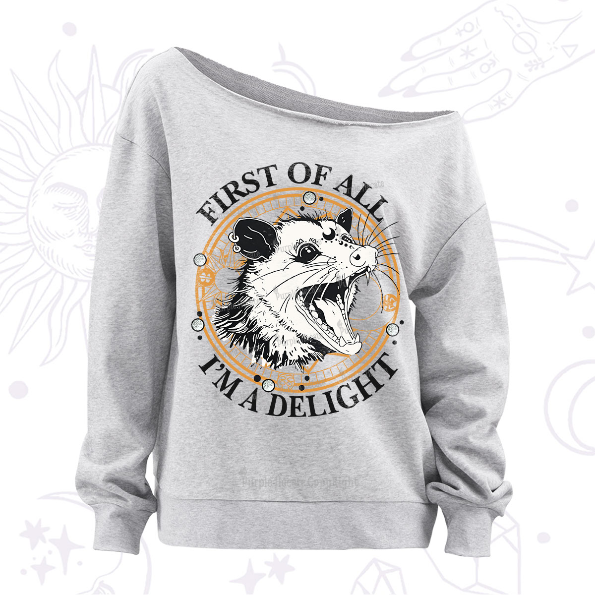 Purplehecate First Of All I Am A Delightful Angry Opossum Off The Shoulder Sweatshirt