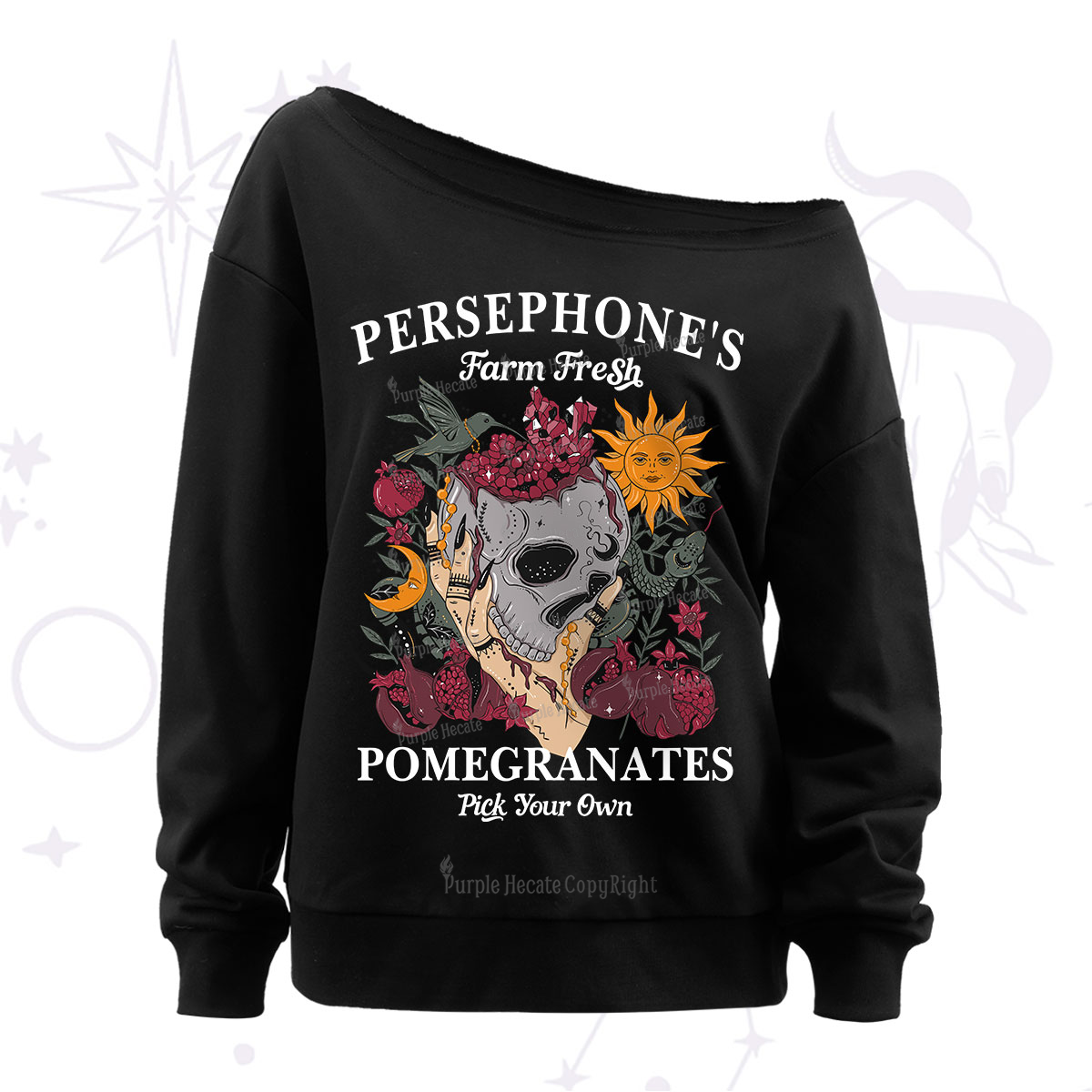 Purplehecate Persephone's Farm Fresh Pomegranates Pick Your Own Off The Shoulder Sweatshirt