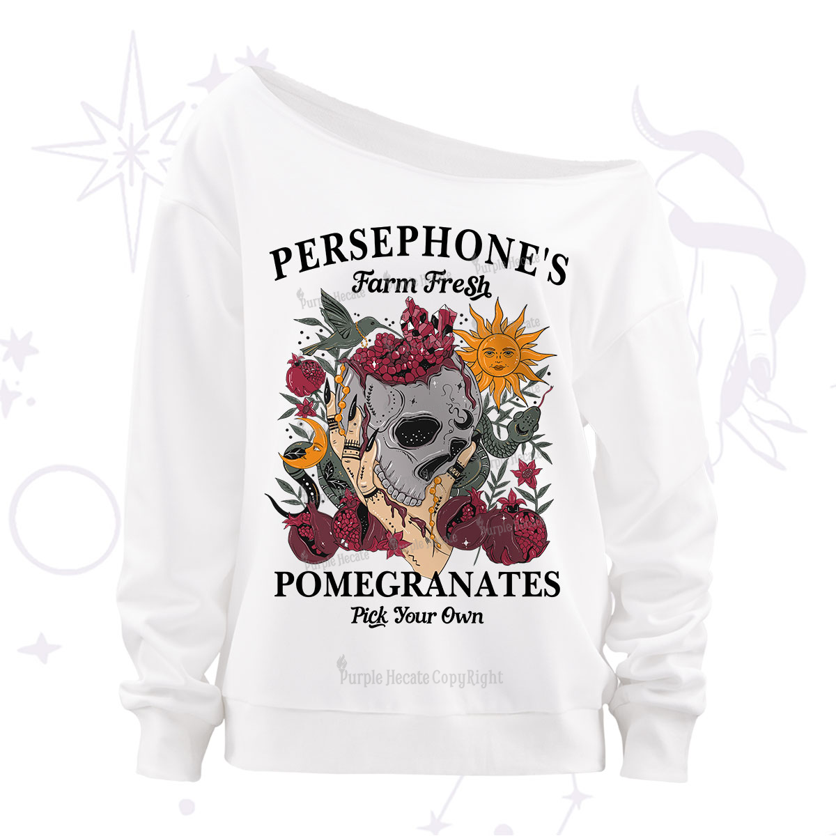 Purplehecate Persephone's Farm Fresh Pomegranates Pick Your Own Off The Shoulder Sweatshirt