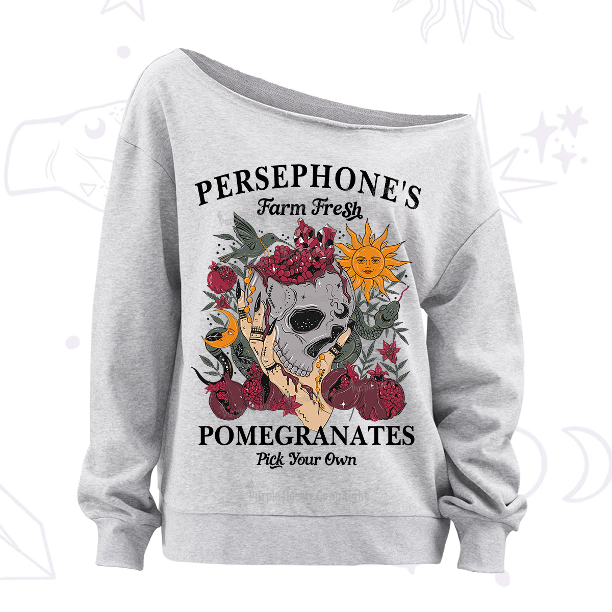 Purplehecate Persephone's Farm Fresh Pomegranates Pick Your Own Off The Shoulder Sweatshirt