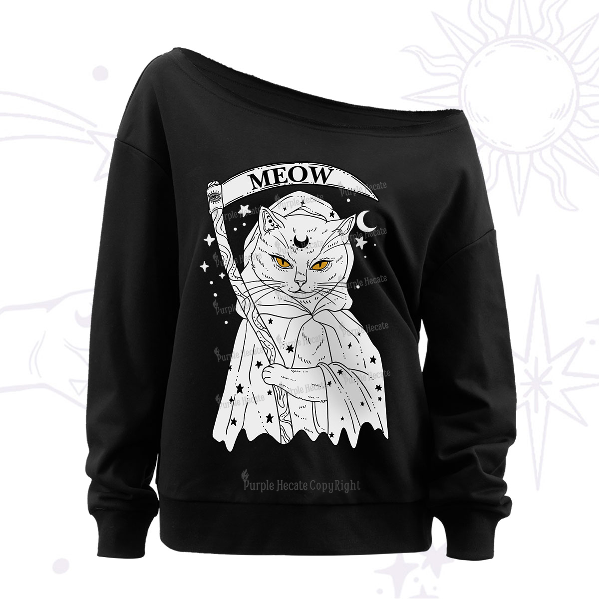Purplehecate Grim Meow Reaper Off The Shoulder Sweatshirt