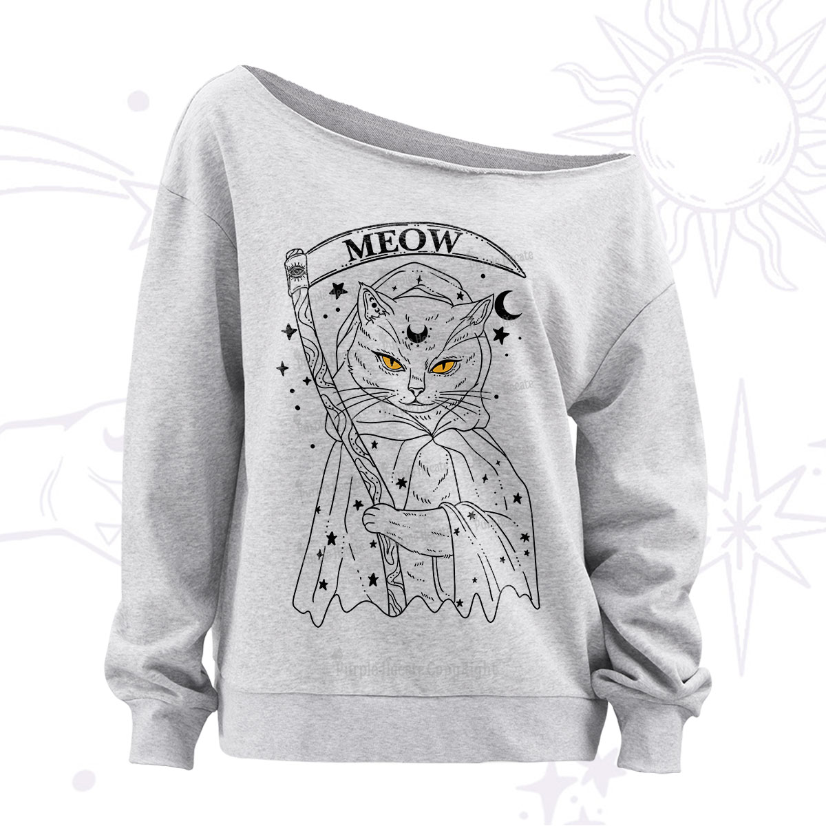 Purplehecate Grim Meow Reaper Off The Shoulder Sweatshirt