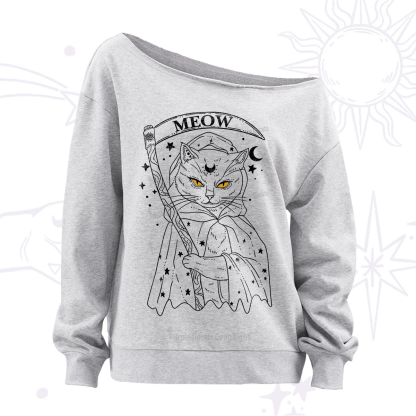 Purplehecate Grim Meow Reaper Off The Shoulder Sweatshirt