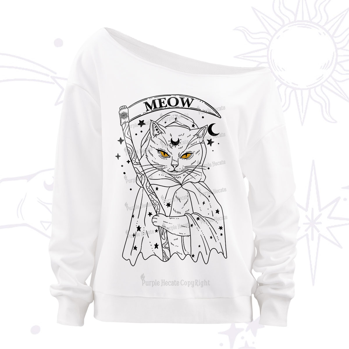 Purplehecate Grim Meow Reaper Off The Shoulder Sweatshirt