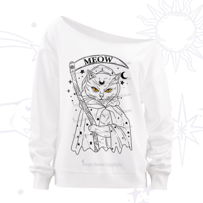 Purplehecate Grim Meow Reaper Off The Shoulder Sweatshirt