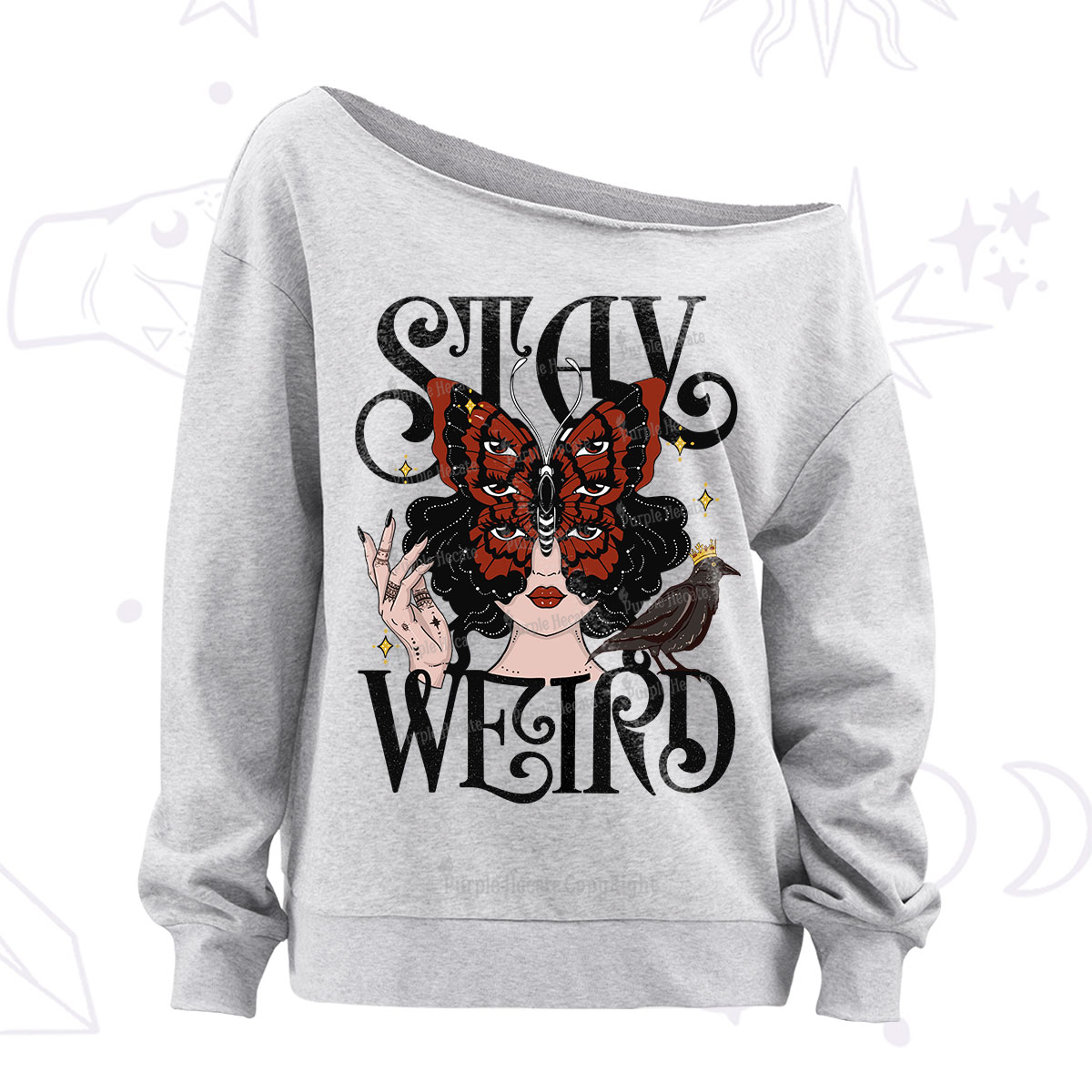 Purplehecate Stay Weird Gothic Butterfly Oracle Card Off The Shoulder Sweatshirt