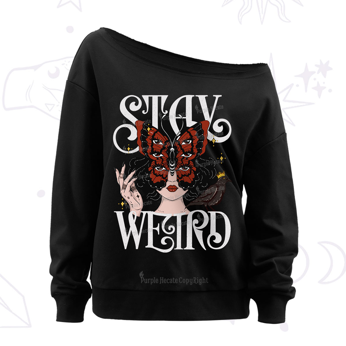 Purplehecate Stay Weird Gothic Butterfly Oracle Card Off The Shoulder Sweatshirt