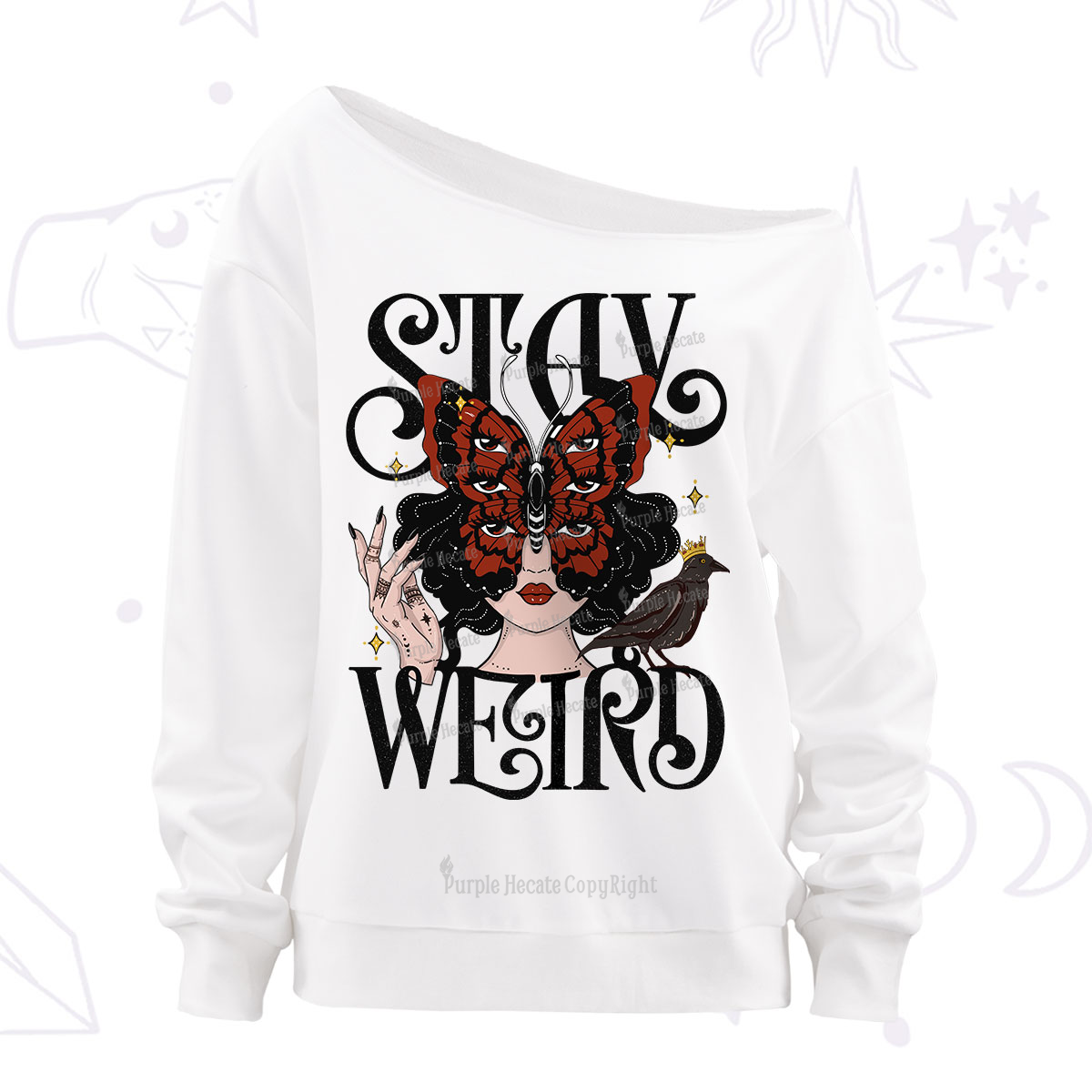 Purplehecate Stay Weird Gothic Butterfly Oracle Card Off The Shoulder Sweatshirt