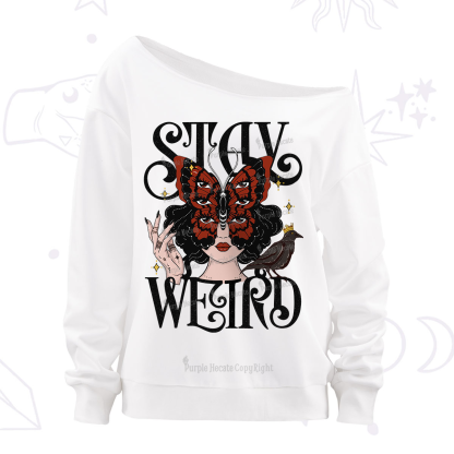 Purplehecate Stay Weird Gothic Butterfly Oracle Card Off The Shoulder Sweatshirt