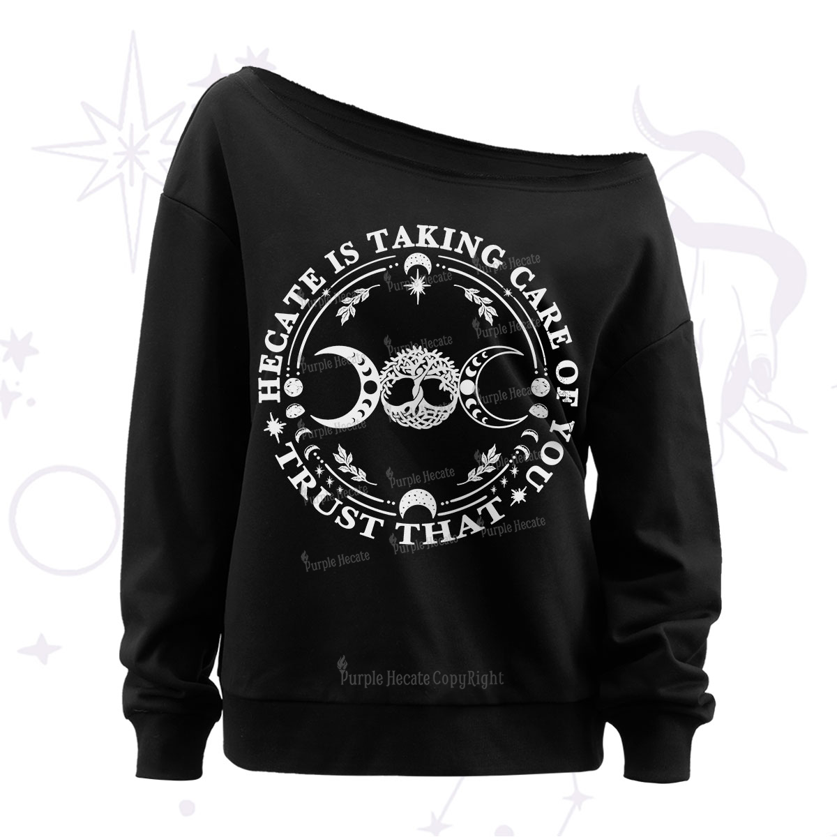 Purplehecate Hecate Is Taking Care Of You Off The Shoulder Sweatshirt