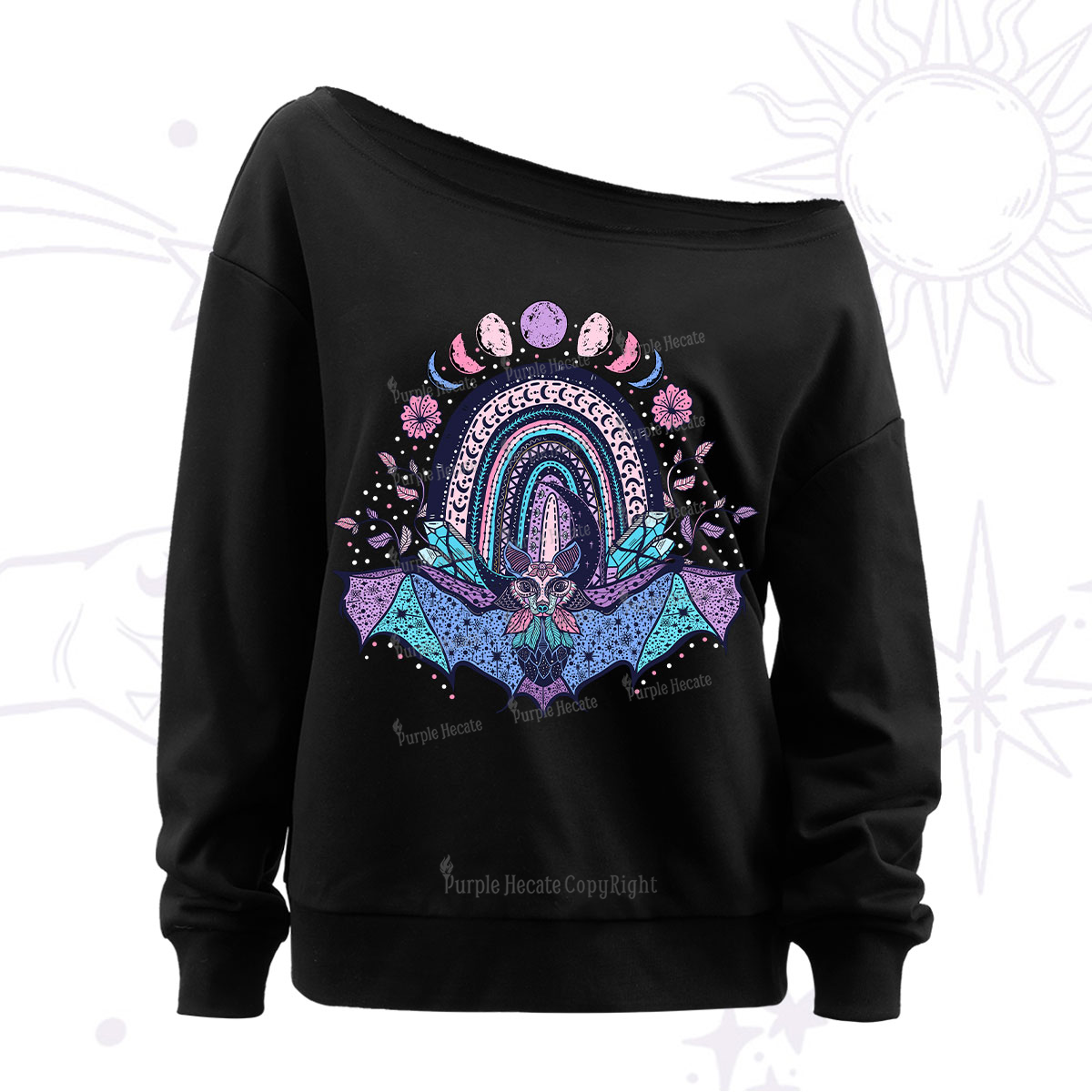 Purplehecate Moon Phase Bat Off The Shoulder Sweatshirt