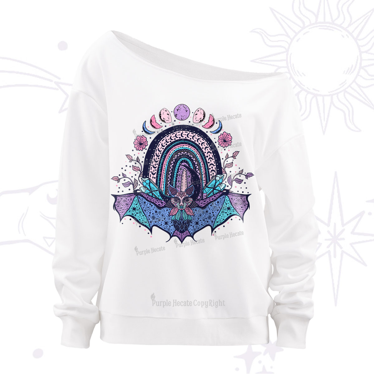 Purplehecate Moon Phase Bat Off The Shoulder Sweatshirt