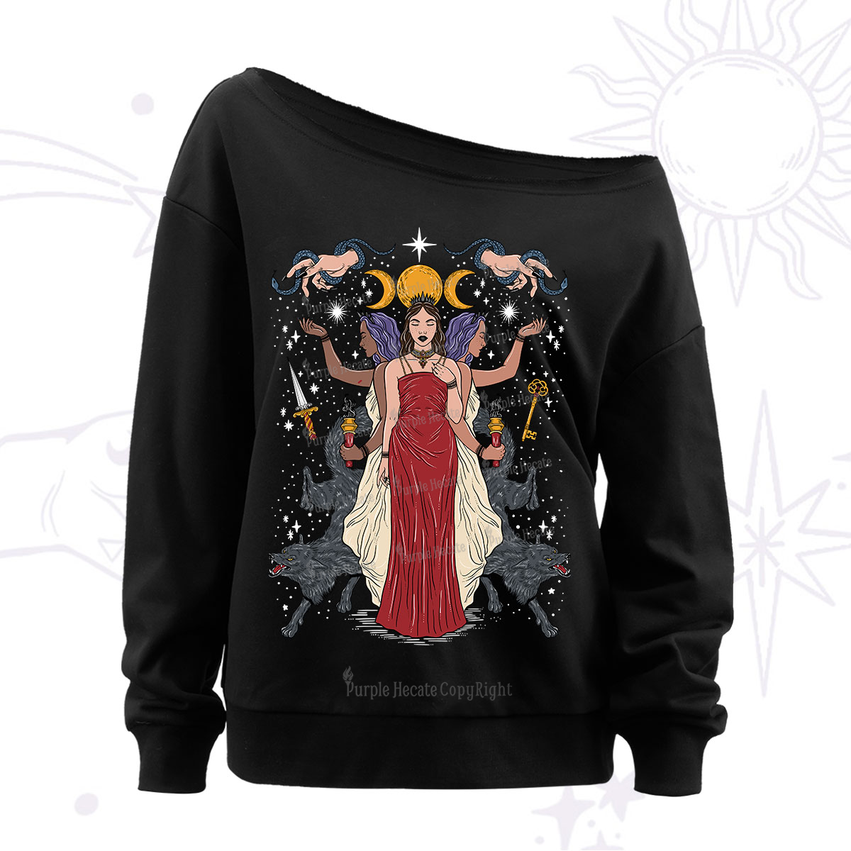 Purplehecate The Triple Goddess Hecate Off The Shoulder Sweatshirt