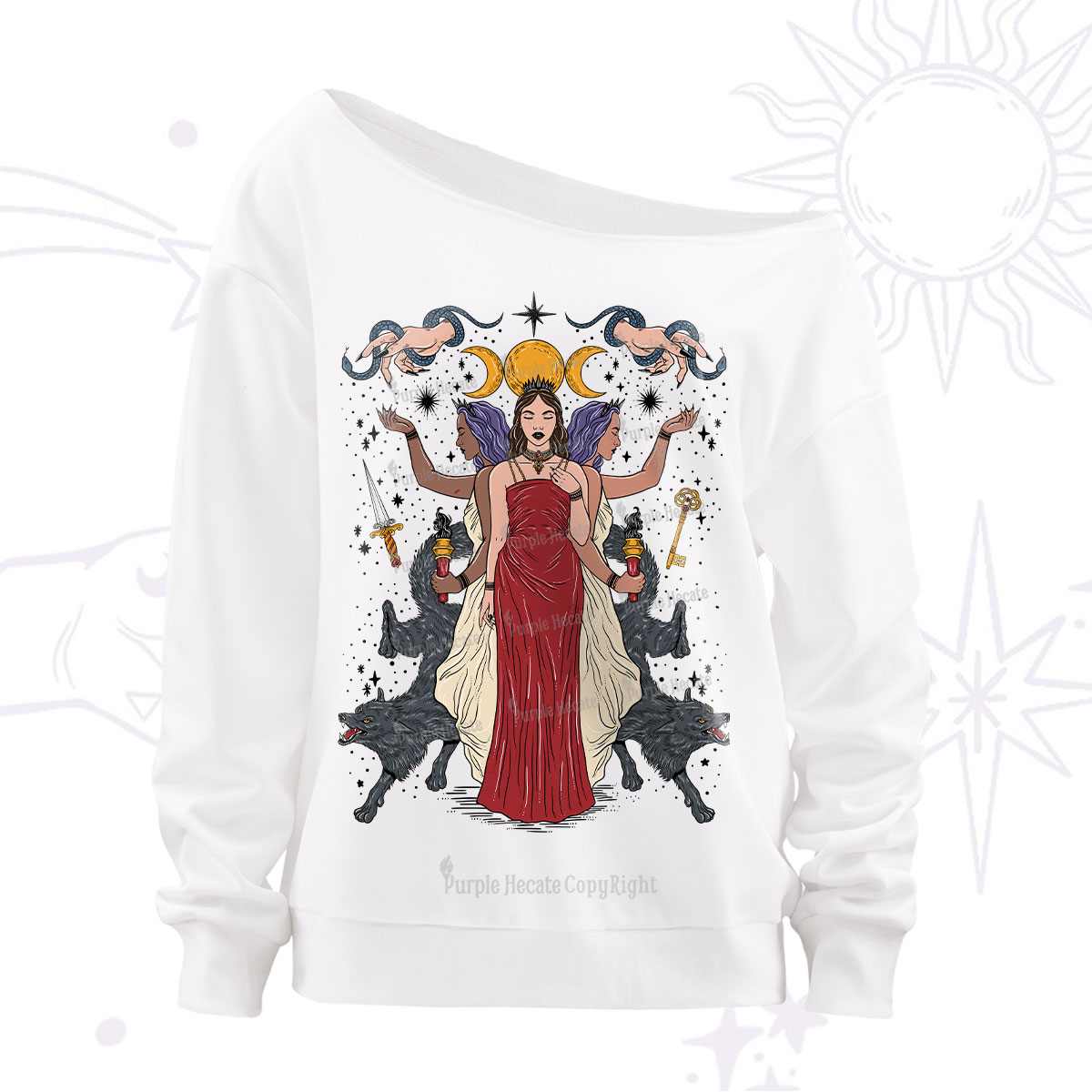Purplehecate The Triple Goddess Hecate Off The Shoulder Sweatshirt