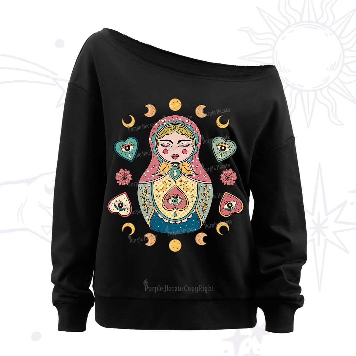 Purplehecate Nesting Doll Off The Shoulder Sweatshirt