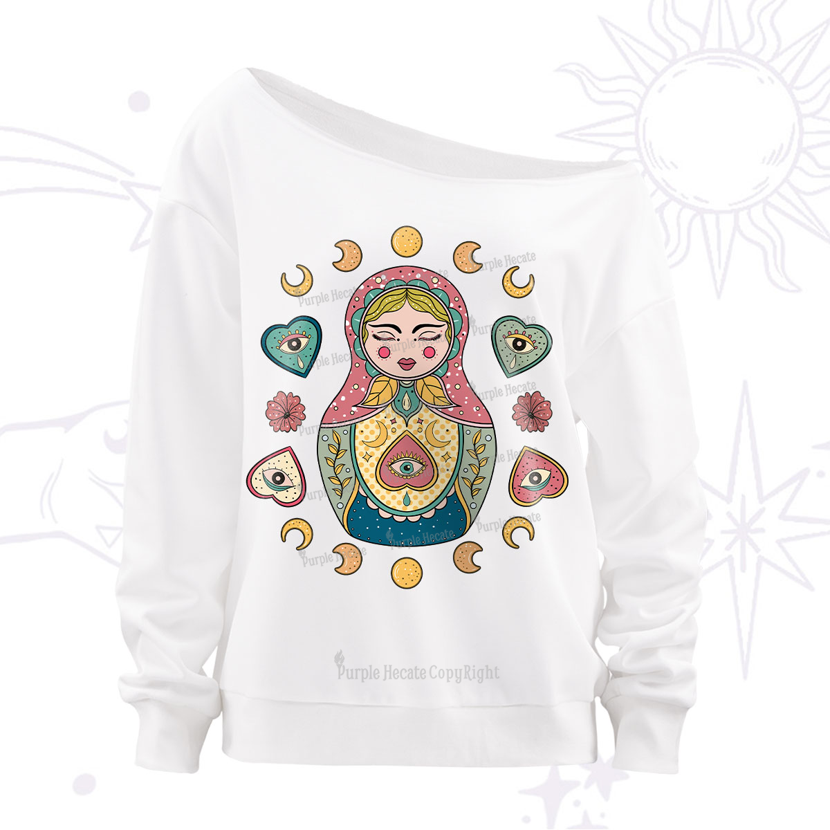 Purplehecate Nesting Doll Off The Shoulder Sweatshirt