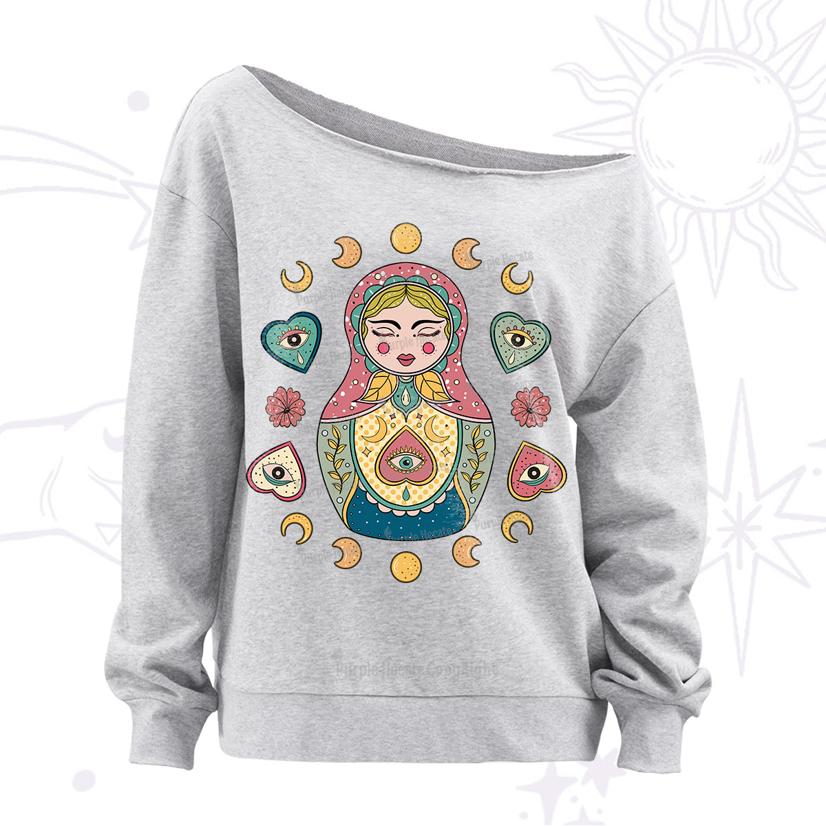 Purplehecate Nesting Doll Off The Shoulder Sweatshirt
