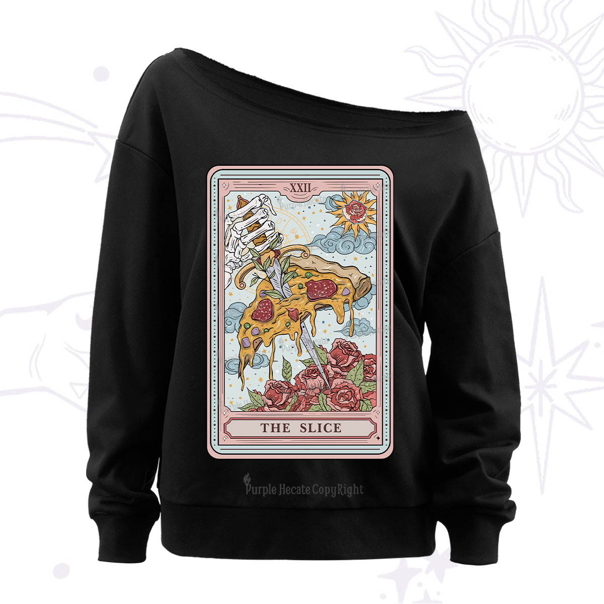Purplehecate The Slice Food Tarot Off The Shoulder Sweatshirt
