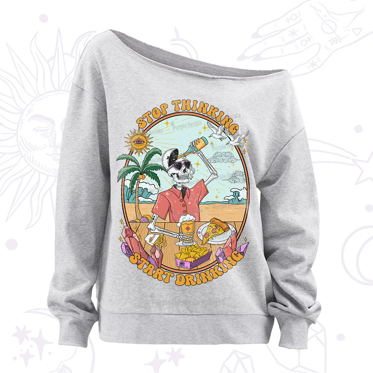 Purplehecate Stop Thinking Start Drinking Off The Shoulder Sweatshirt